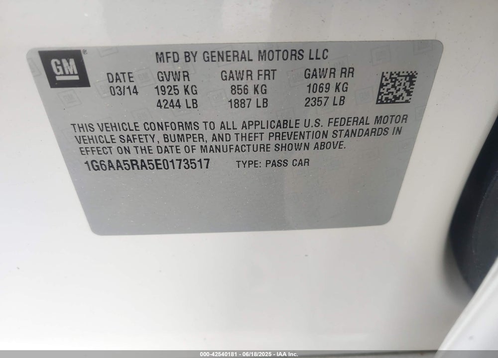 2014 CADILLAC ATS VIN: 1G6AA5RA5E0173517