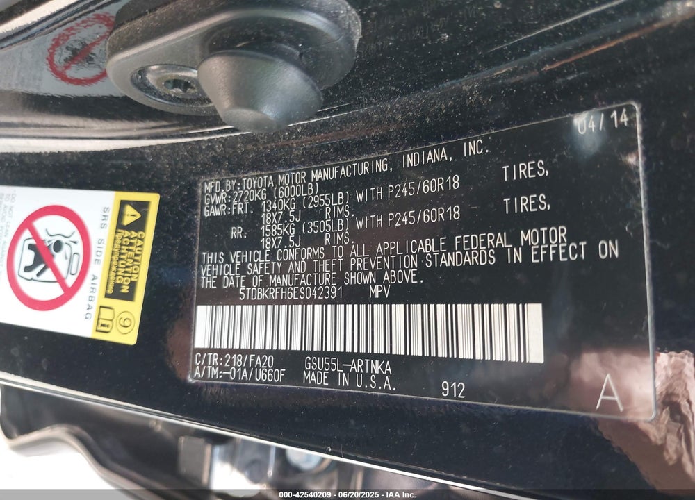 2014 TOYOTA HIGHLANDER LE PLUS V6 VIN: 5TDBKRFH6ESO42391