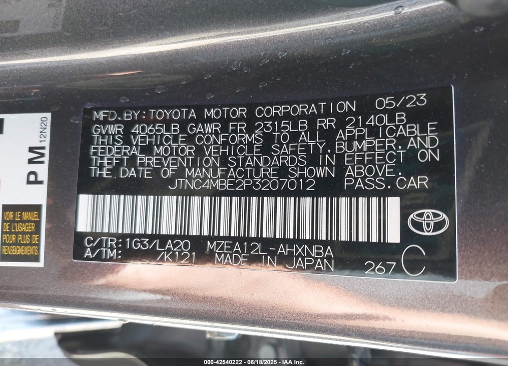 2023 TOYOTA COROLLA VIN: JTNC4MBE2P3207012