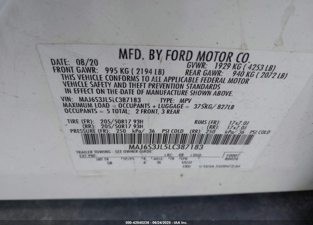 2020 SPORT FORD ECO SES VIN: MAJ6S3JL5LC387183