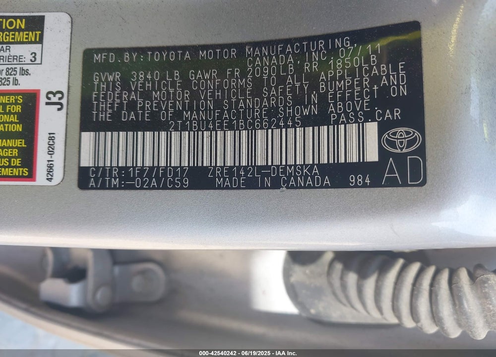 2011 TOYOTA COROLLA S VIN: 2T1BU4EE1BC662445