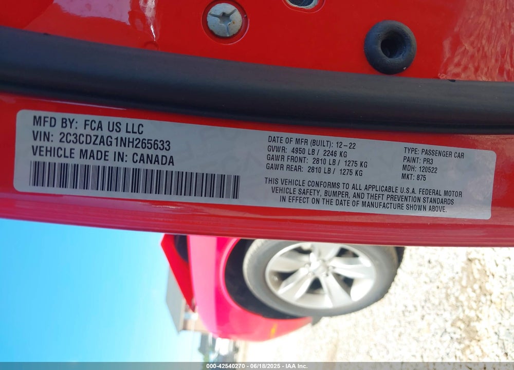 2022 DODGE CHALLENGER VIN: 2C3CDZAG1NH265633