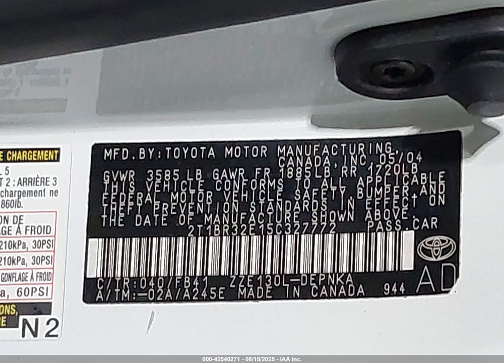 2005 TOYOTA COROLLA LE VIN: 2T1BR32E15C327772