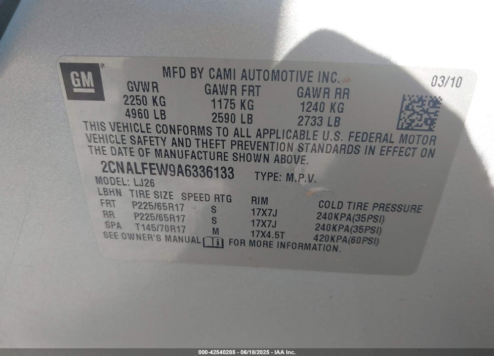 2010 CHEVROLET EQUINOX VIN: 2CNALFEW9A6336133