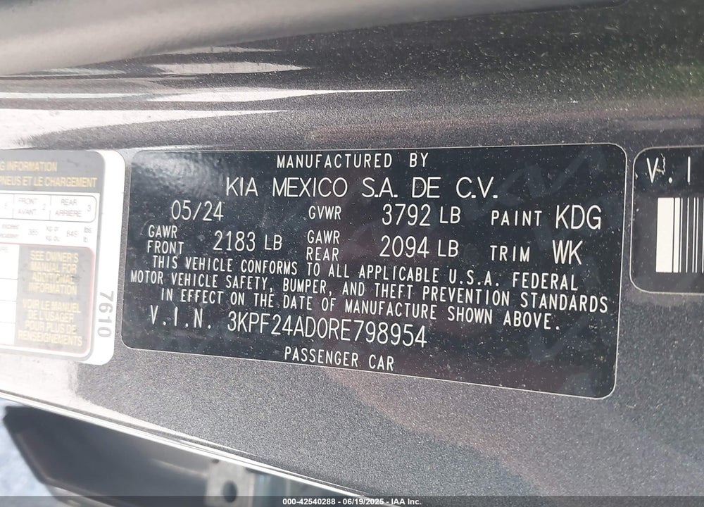 2024 KIA FORTE LXS VIN: 3KPF24AD0RE798954