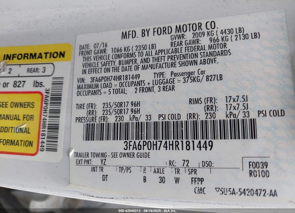 2017 FORD FUSION VIN: 3FA6P0H74HR181449