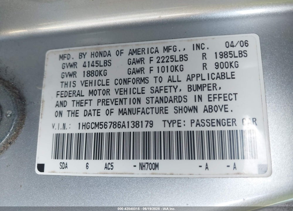 2006 HONDA ACCORD VIN: 1HGCM56786A138179
