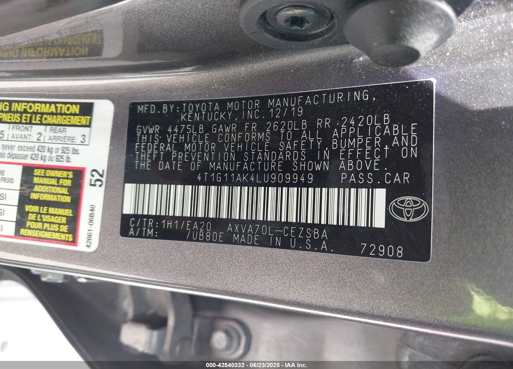 2020 TOYOTA CAMRY VIN: 4T1G11AK4LU909949