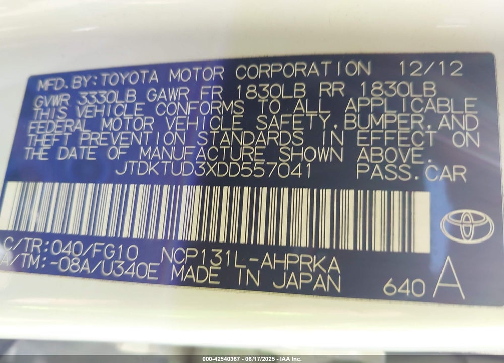 2013 TOYOTA YARIS LE VIN: JTDKTUD3XDD557041