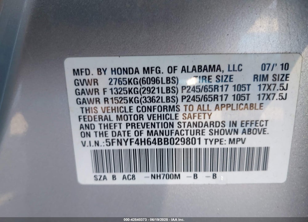 2011 HONDA PILOT VIN: 5FNYF4H64BB029801