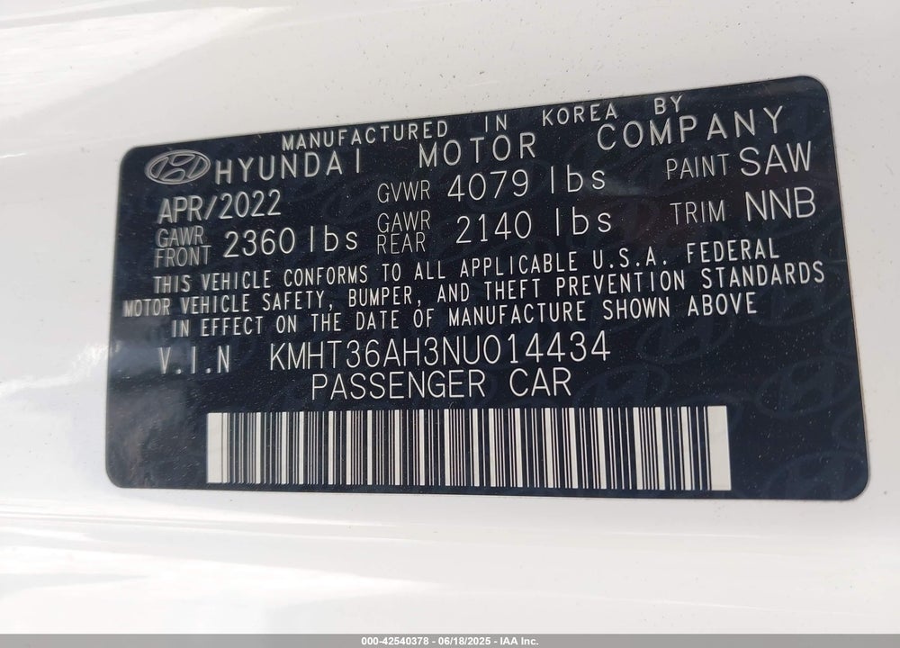 2022 HYUNDAI VELOSTER N VIN: KMHT36AH3NU014434