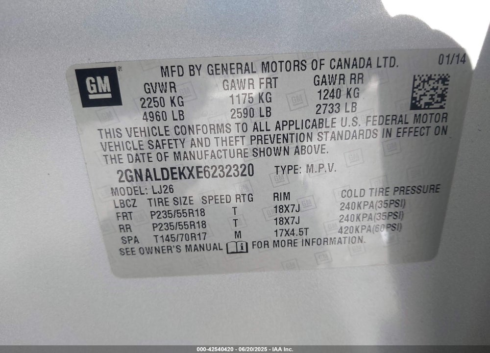 2014 CHEVROLET EQUINOX VIN: 2GNALDEKXE6232320