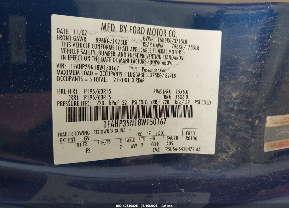 2008 FORD FOCUS SE/SES VIN: 1FAHP35N18W150167
