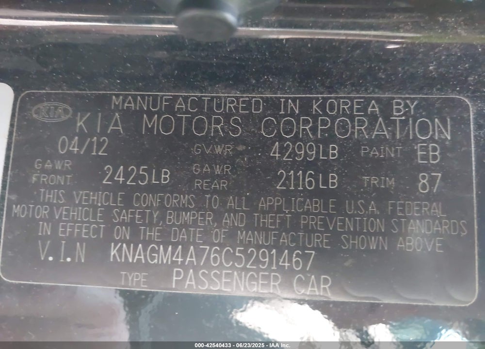 2012 KIA OPTIMA VIN: KNAGM4A76C5291467