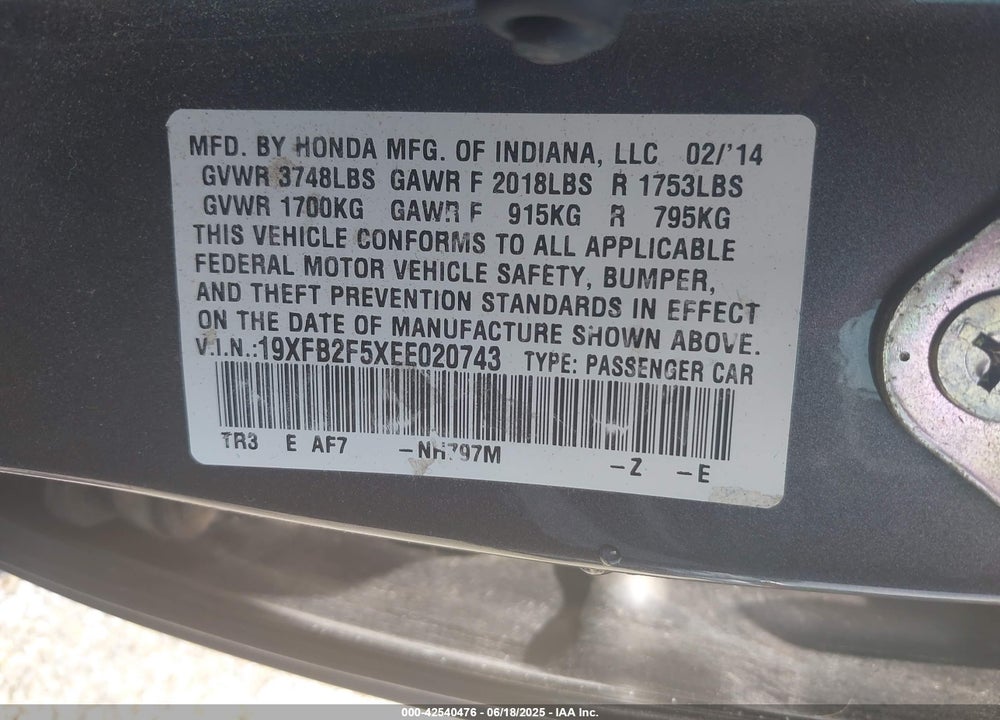 2014 HONDA CIVIC VIN: 19XFB2F5XEE020743