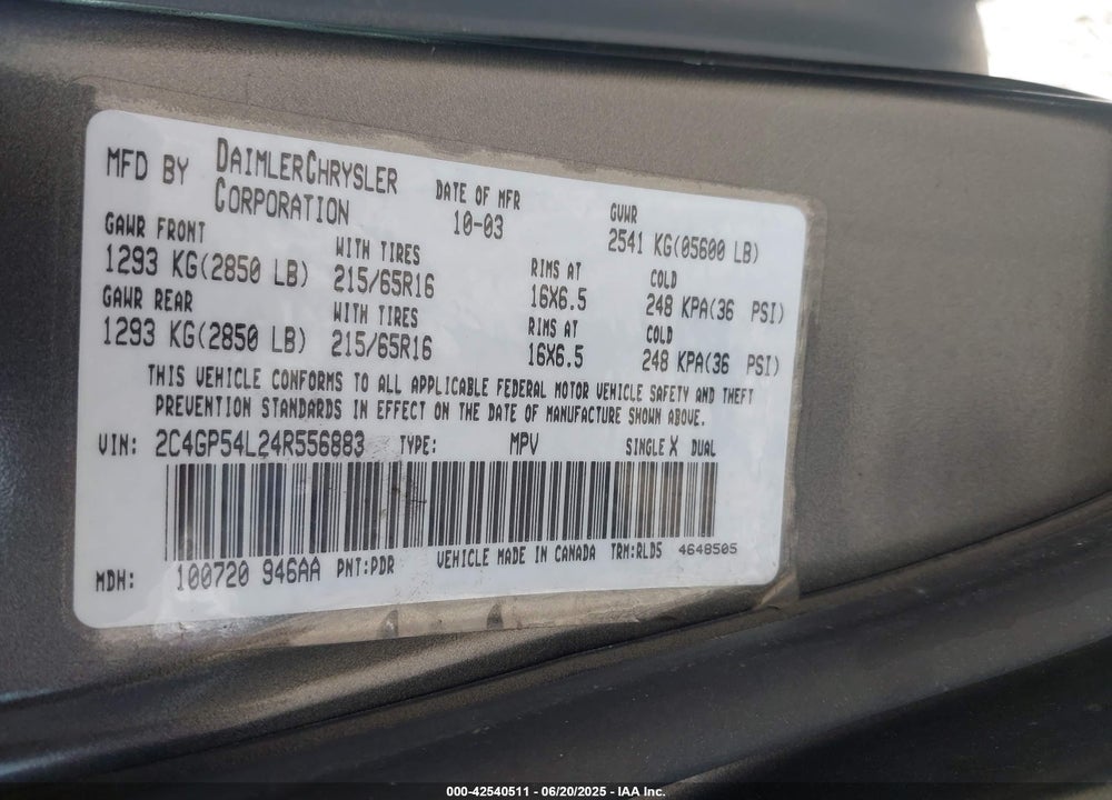 2004 CHRYSLER TOWN & COUNTRY TOURING VIN: 2C4GP54L24R556883