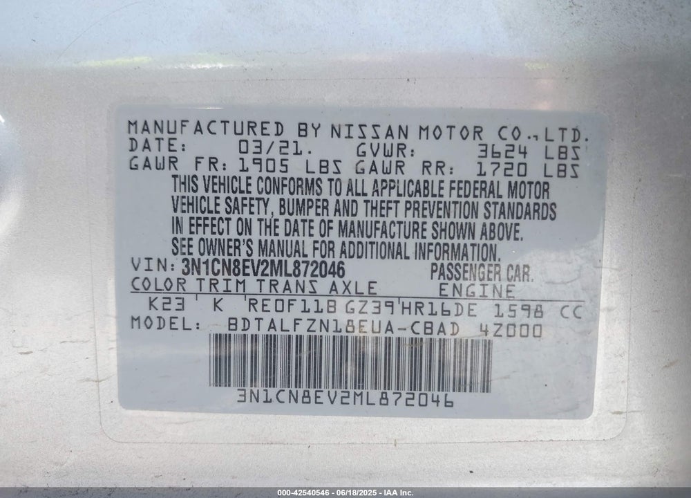 2021 NISSAN VERSA VIN: 3N1CN8EV2ML872046