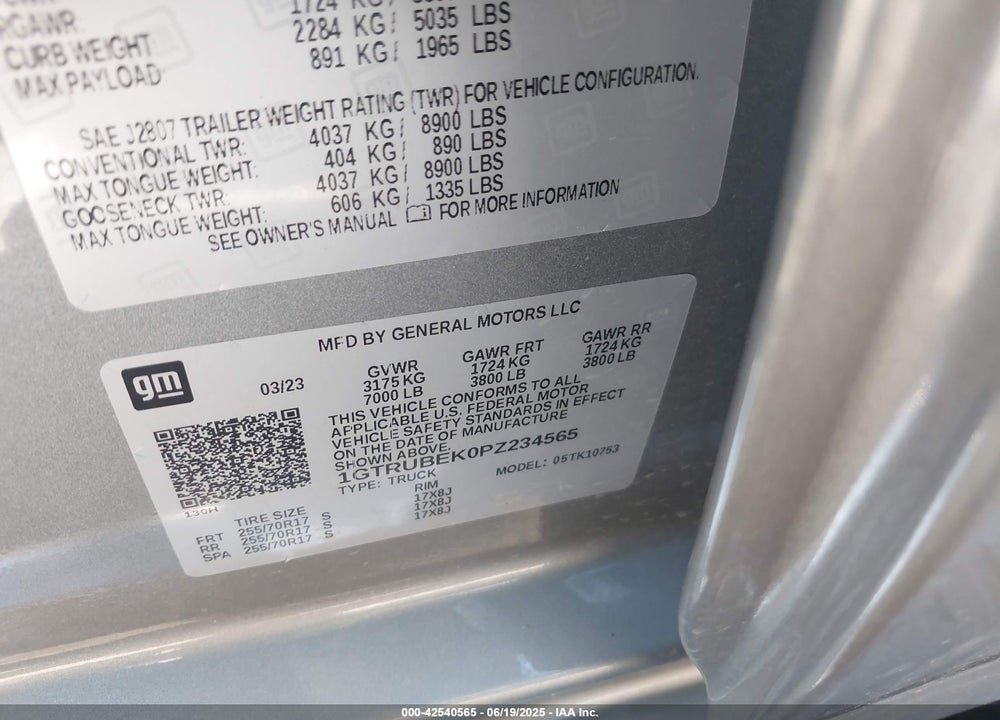 2023 GMC SIERRA 1500 VIN: 1GTRUBEK0PZ234565