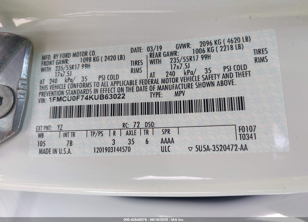2019 FORD ESCAPE S VIN: 1FMCU0F74KUB63022
