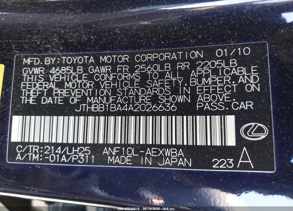 2010 LEXUS HS 250H PREMIUM VIN: JTHBB1BA4A2026636