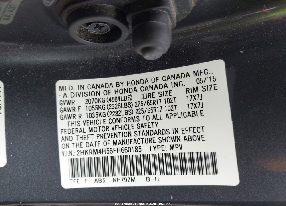 2015 HONDA CR-V VIN: 2HKRM4H56FH660185