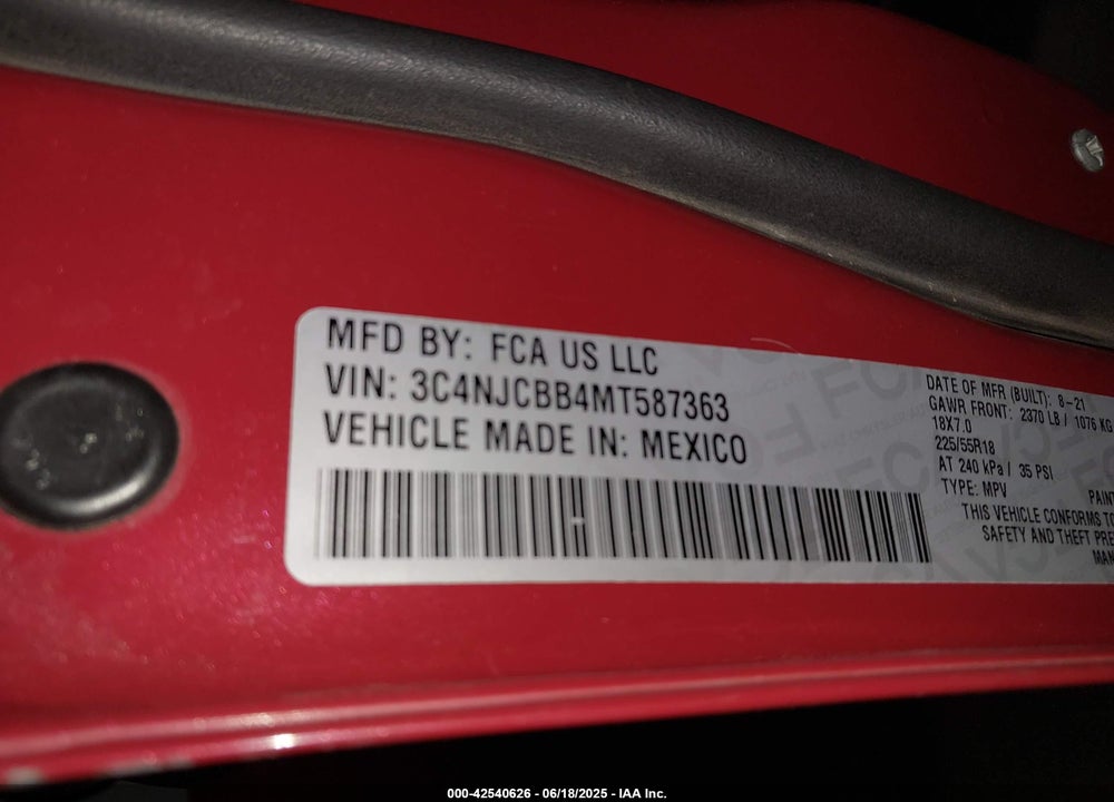 2021 JEEP COMPASS VIN: 3C4NJCBB4MT587363