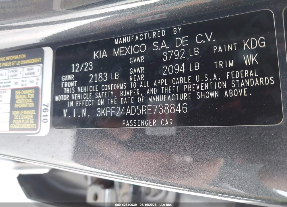 2024 KIA FORTE VIN: 3KPF24AD5RE738846
