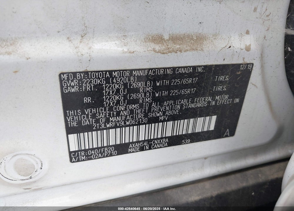 2020 TOYOTA RAV4 HYBRID LE VIN: 2T3LWRFV9LW062130