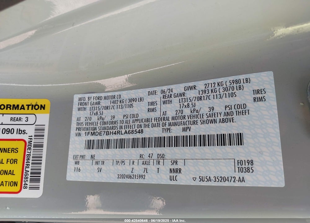 2024 FORD BRONCO VIN: 1FMDE7BH4RLA68548