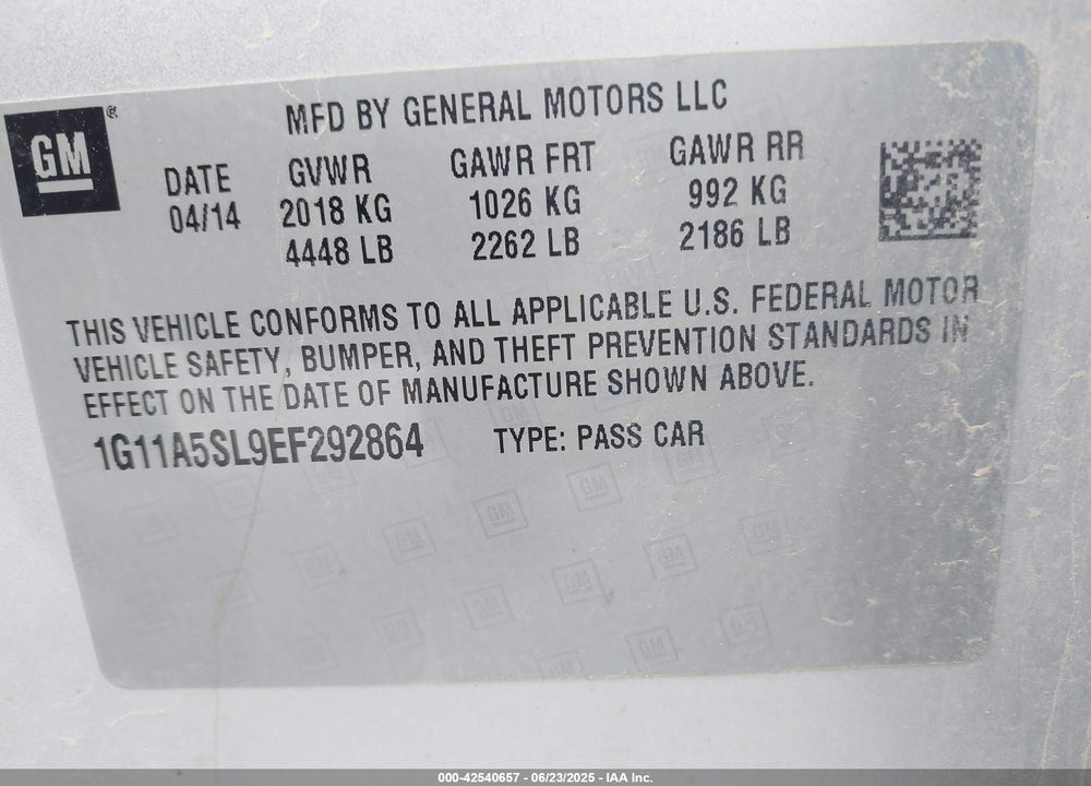 2014 CHEVROLET MALIBU VIN: 1G11A5SL9EF292864