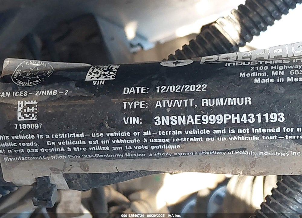 2023 POLARIS RZR XP 1000 VIN: 3NSNAE999PH431193