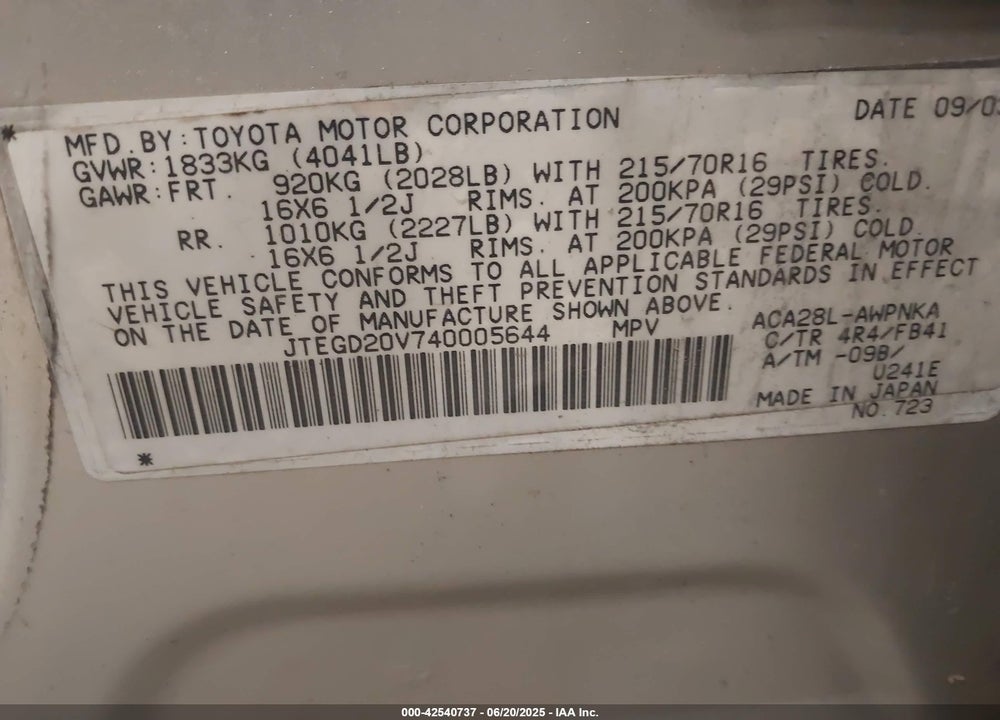 2004 TOYOTA RAV4 VIN: JTEGD20V740005644