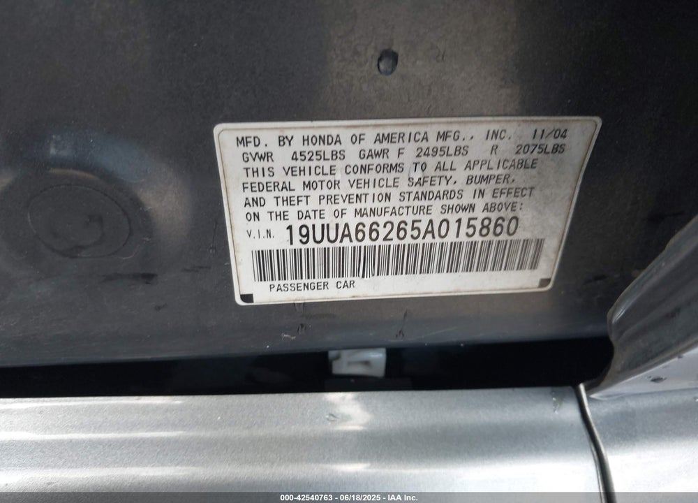 2005 ACURA TL VIN: 19UUA66265A015860
