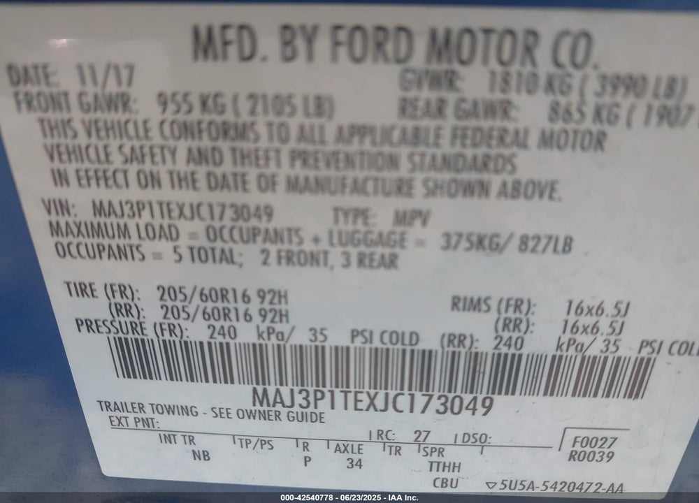 2018 FORD ECOSPORT VIN: MAJ3P1TEXJC173049