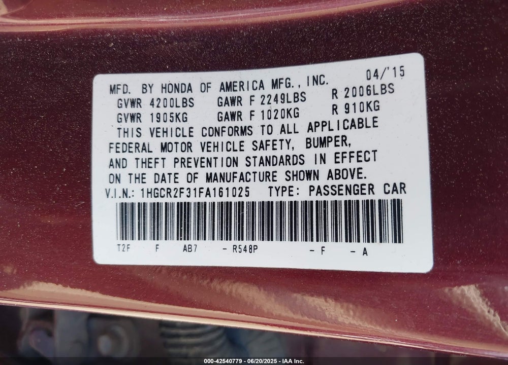 2015 HONDA ACCORD LX VIN: 1HGCR2F31FA161025