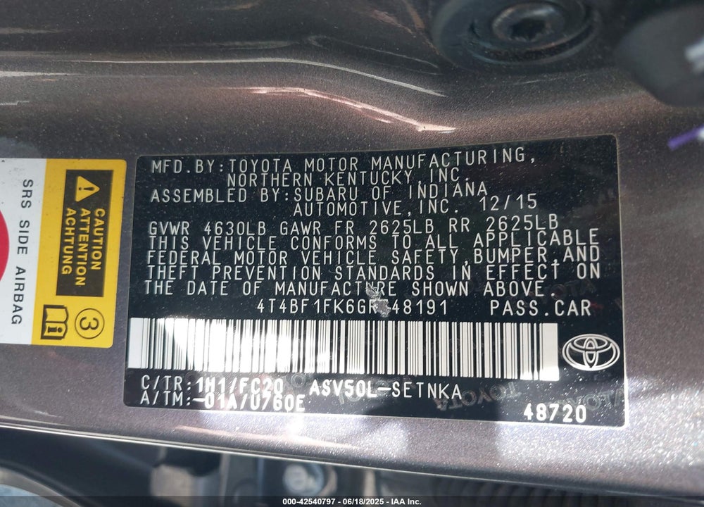 2016 TOYOTA CAMRY VIN: 4T4BF1FK6GR548191