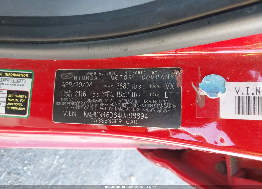 2004 HYUNDAI ELANTRA GLS/GT VIN: KMHDN46D84U898894