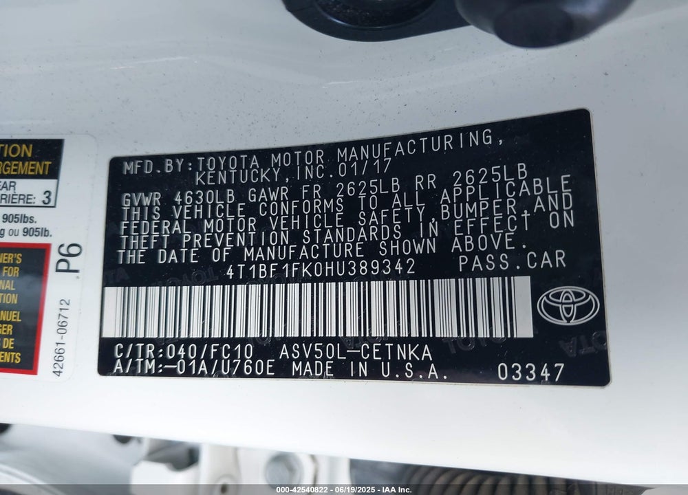 2017 TOYOTA CAMRY VIN: 4T1BF1FK0HU389342