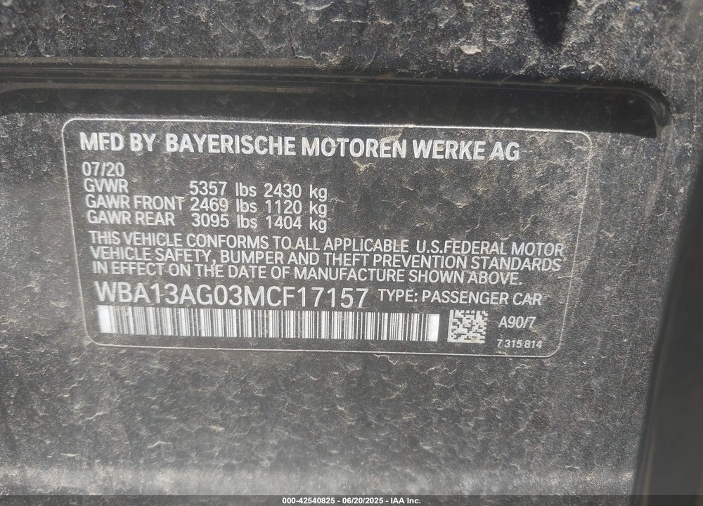 2021 BMW 5 SERIES VIN: WBA13AG03MCF17157
