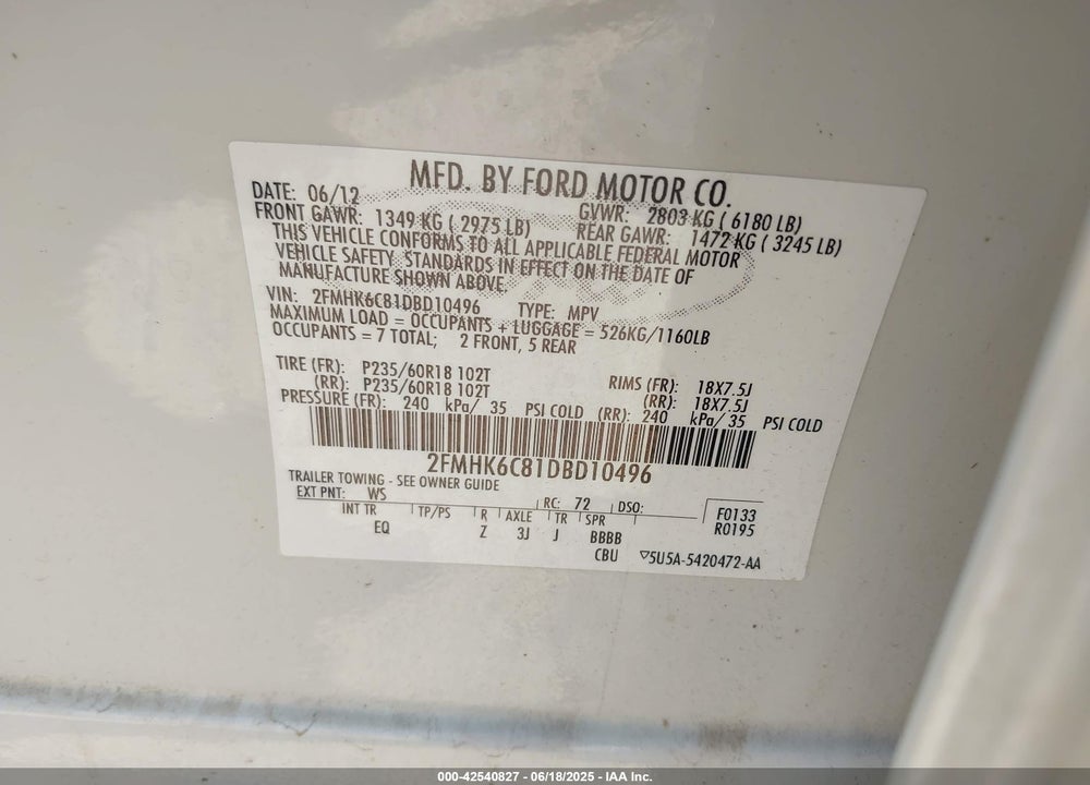 2013 FORD FLEX VIN: 2FMHK6C81DBD10496