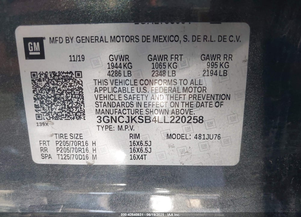 2020 CHEVROLET TRAX VIN: 3GNCJKSB4LL220258