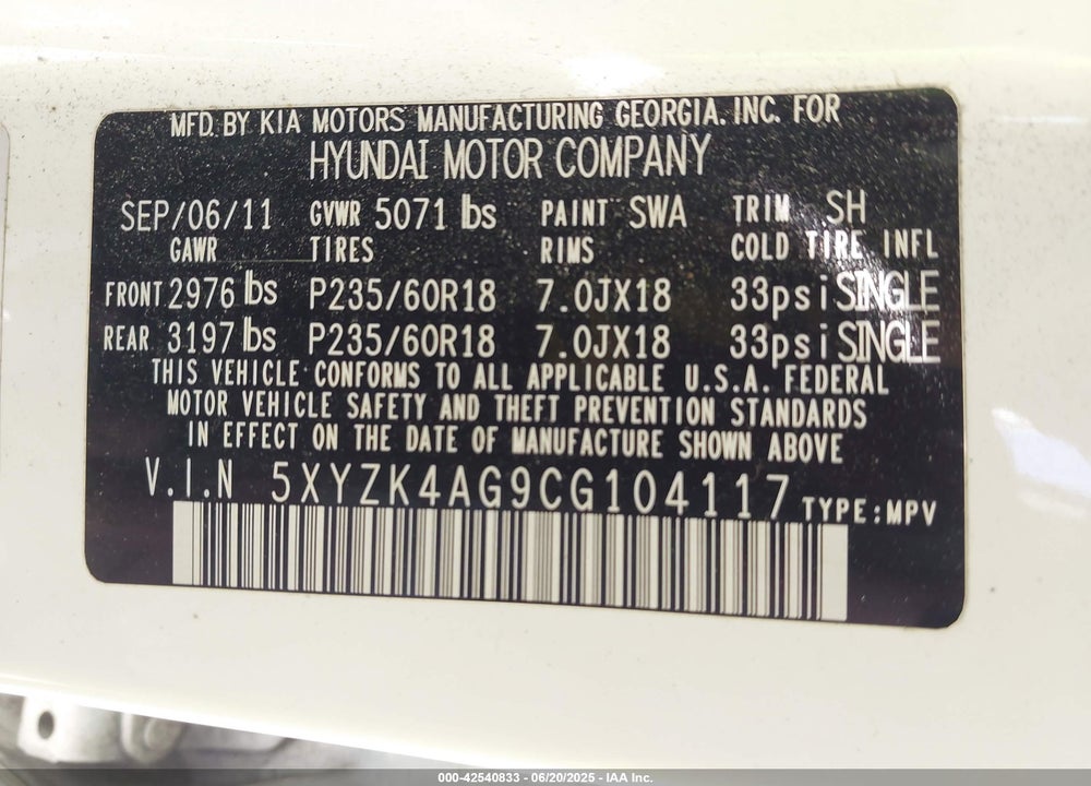 2012 HYUNDAI SANTA FE VIN: 5XYZK4AG9CG104117
