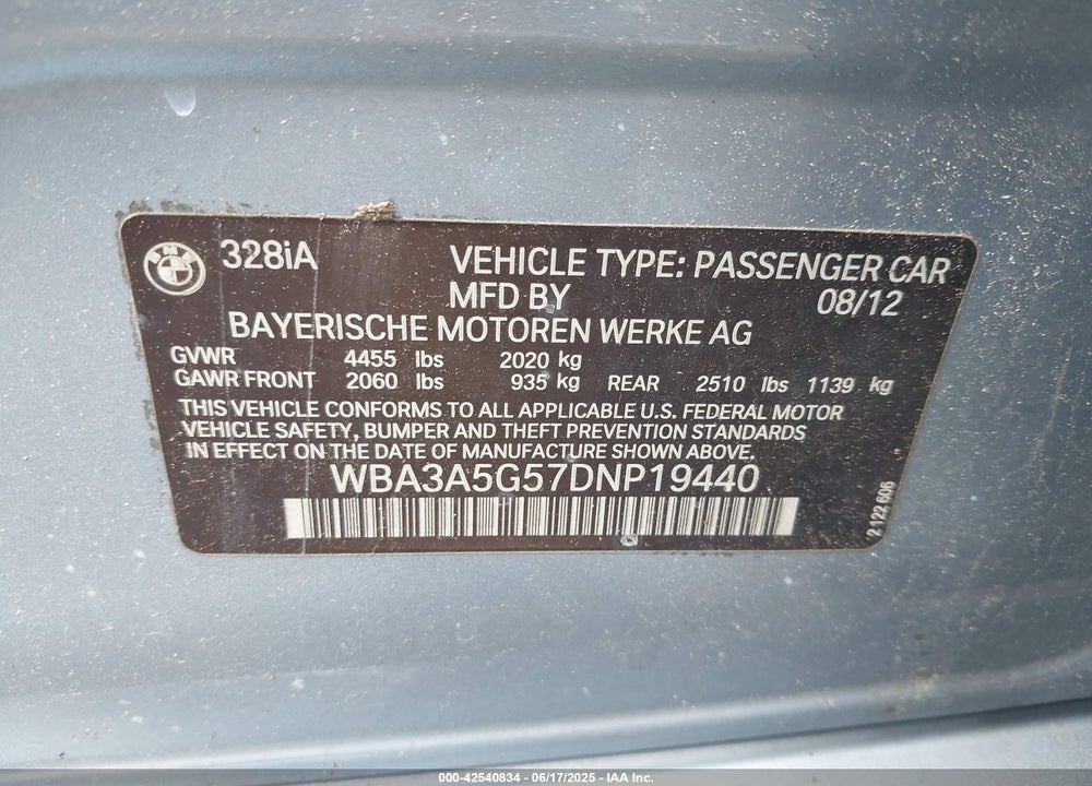 2013 BMW 328I VIN: WBA3A5G57DNP19440