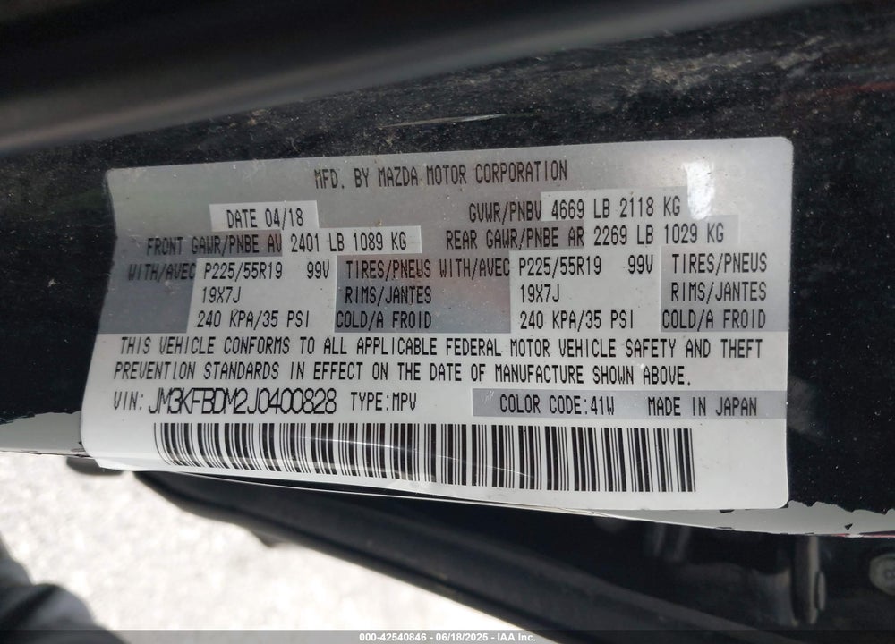 2018 MAZDA CX-5 VIN: JM3KFBDM2J0400828