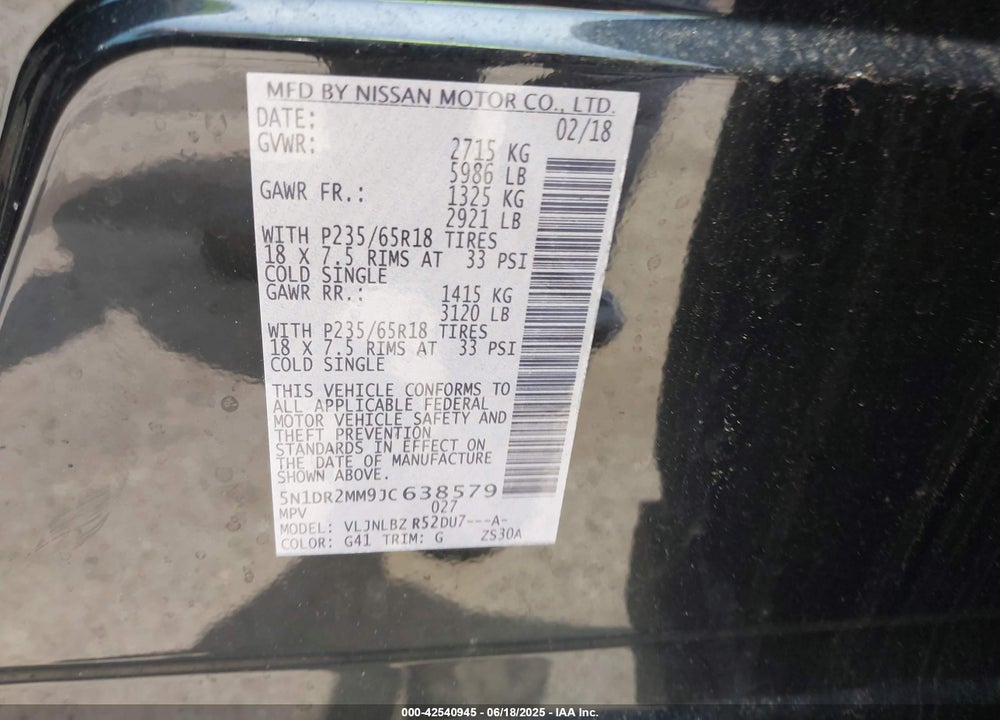 2018 NISSAN PATHFINDER VIN: 5N1DR2MM9JC638579