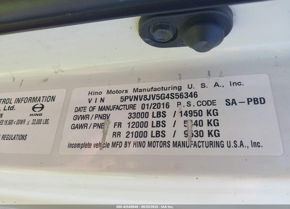 2016 HINO 338 VIN: 5PVNV8JV5G4S56346