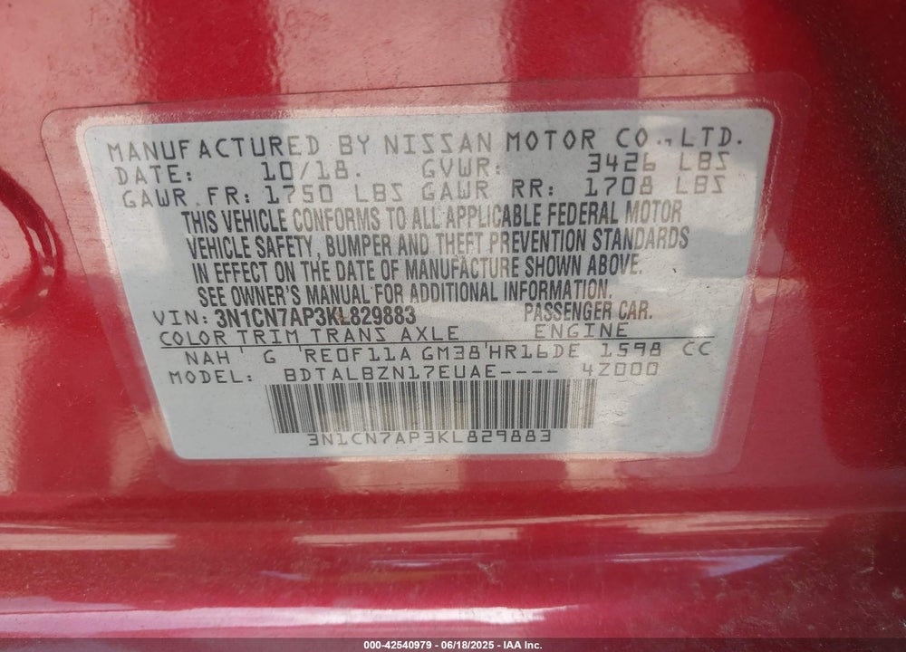 2019 NISSAN VERSA 1.6 SV VIN: 3N1CN7AP3KL829883