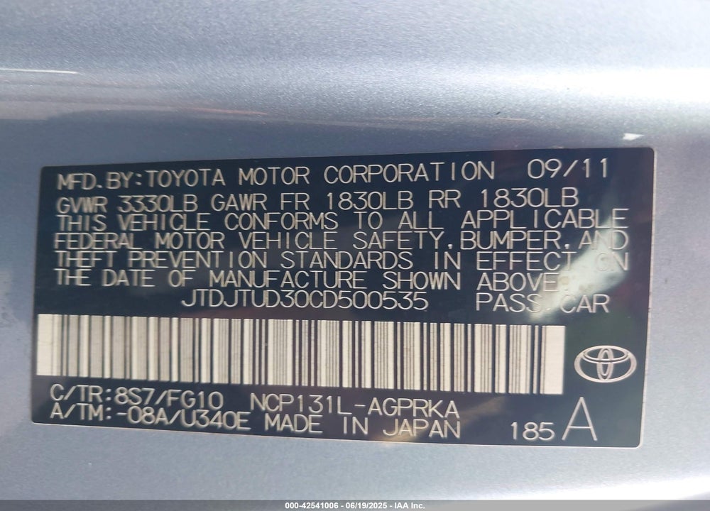 2012 TOYOTA YARIS VIN: JTDJTUD30CD500535