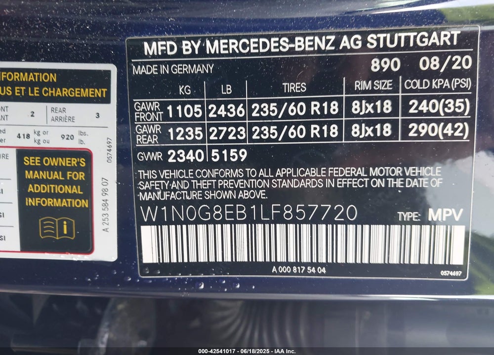 2020 MERCEDES-BENZ GLC CLASS VIN: W1N0G8EB1LF857720