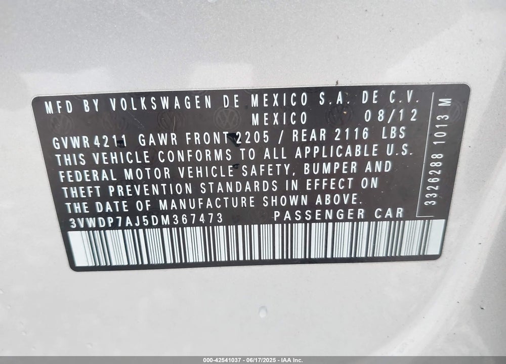 2013 VOLKSWAGEN JETTA 2.5L SE VIN: 3VWDP7AJ5DM367473